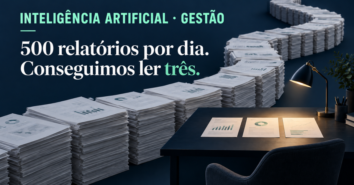 Inteligência Artificial · Gestão. Centenas de relatórios contrastam com três documentos iluminados. Texto: 500 relatórios por dia. Conseguimos ler três.